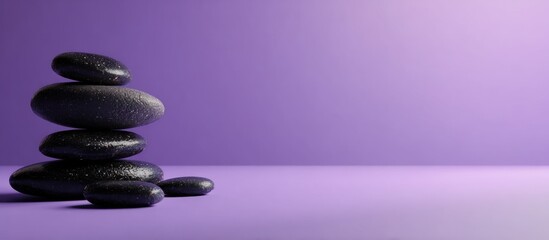 Stacked, smooth, dark stones against a serene purple backdrop.  Emphasis on balance, and peacefulness