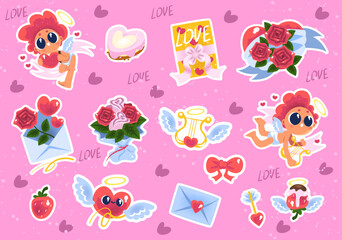 Fototapeta premium Cupid stickers. Valentine day sticker pack, cute baby angels love heart envelope rose flower bouquet romantic couple date dessert girly elements cartoon classy vector illustration
