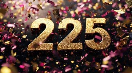 Golden glitter number 225 and festive confetti on a dark background for celebration, anniversary, milestone, or achievement.