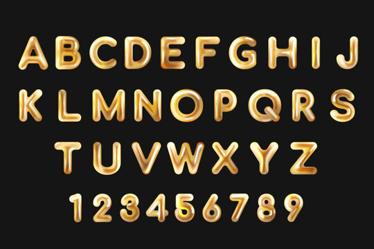 Golden liquid alphabet. 3d gold metal inflated letters, chrome fluid molten numbers abstract font melted bubble y2k typography luxury water text realistic exact vector illustration