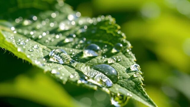 P133-Closeup of a green leaf with water droplets 4K 10s