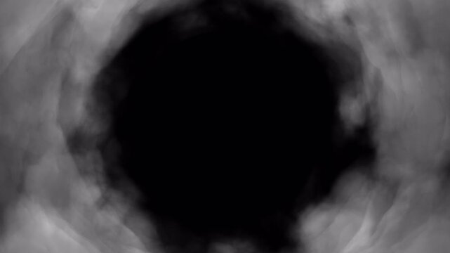 Camera flying through tunnel of white clouds on transparent background. Soft airy cloud vortex animation with smooth forward motion and atmospheric depth.