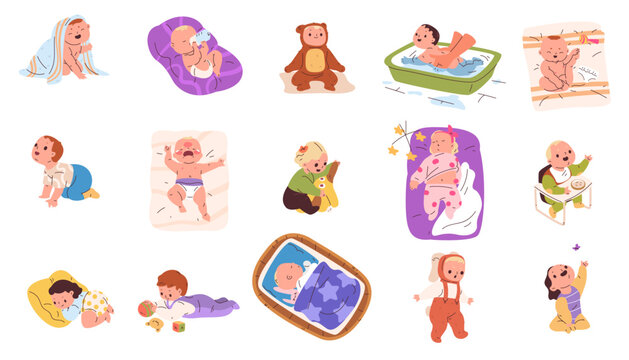 Cartoon newborn characters. Cute infants life activities, baby in diaper play sleep cry bath poses new born kid toddler routine childhood development classy vector illustration