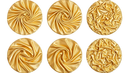 Golden silk fabric textures in circular forms showcasing varying drapes on transparent background