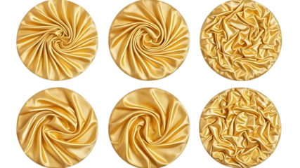 Golden silk fabric textures in circular forms showcasing varying drapes on transparent background