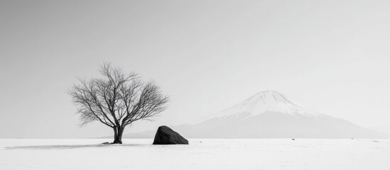 B&W landscape with bare tree, rock, snow-covered plain, and distant mountain