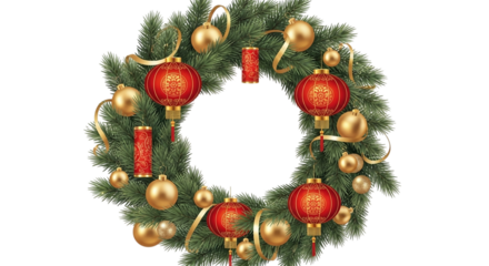 Holiday wreath with ornaments isolated on transparent background