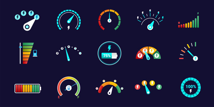 Fototapeta Car energy meters. Electric car battery ev charge meter, speed gauge measure fuel power level indicator scale neon dashboard dial futuristic dash panel, kicky vector illustration