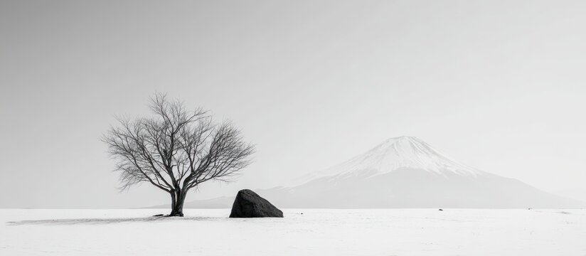 B&W landscape with bare tree, rock, snow-covered plain, and distant mountain - Powered by Adobe