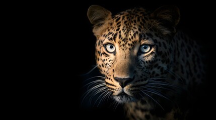 Stunning Close-Up of a Leopards Face in Dramatic Lighting, Captivating Eyes.