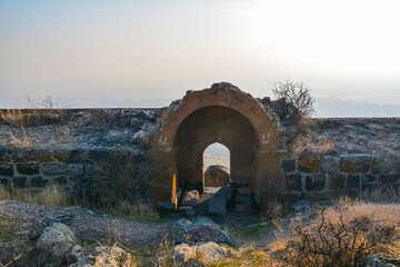 Fortress on a hilltop. Ruined castle. Old architecture.