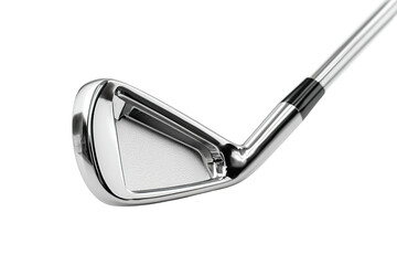 Close-up side view of a shiny, chrome-finished golf club iron head with a sleek design
