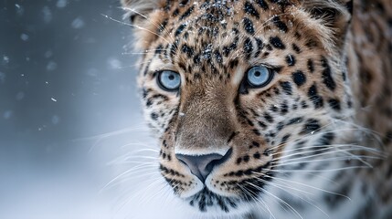 Fototapeta premium Stunning Close-Up Portrait of a Majestic Leopard with Striking Blue Eyes in Snowy Environment.