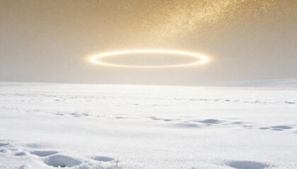 Glowing halo floating above snow. Mystical, serene scene with soft light and ethereal atmosphere, evoking magic, spirituality, and winter wonderland vibes.