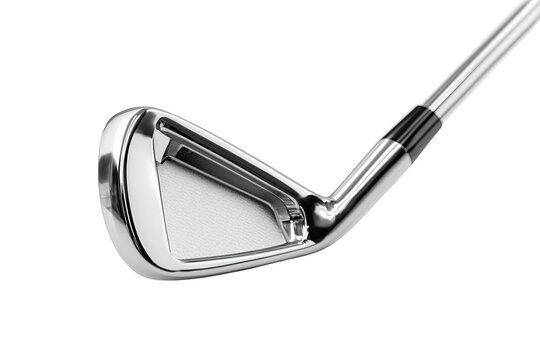 Close-up side view of a shiny, chrome-finished golf club iron head with a sleek design - Powered by Adobe