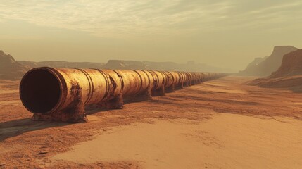 Rusty industrial pipeline stretching across a vast, barren desert landscape under a hazy sky