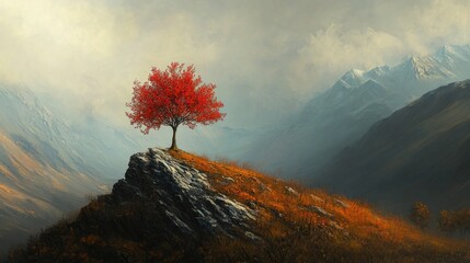 Vibrant Red Autumn Tree on Rocky Cliff Overlooking Misty Mountain Landscape