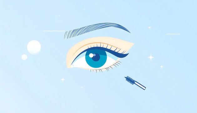 A stylized illustration of a blue eye with bold eyeliner, eyebrow, and a mascara brush on a blue background