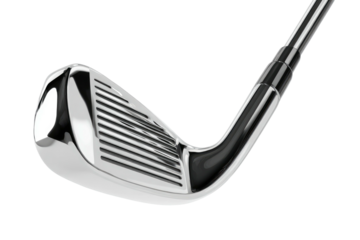 Close-up of a polished metal golf club, detailed with grooves and a shiny finish