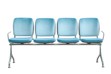 Four padded, light-blue seats with chrome frames, set against a transparent black background