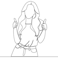 Continuous one single line drawing Young woman showing thumbs up gesture with both hands expressing approval icon vector illustration concept