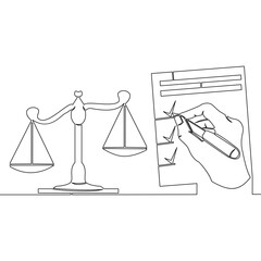 Continuous one single line drawing Hand checking boxes on document with scales symbolizing compliance and balanced decision icon vector illustration concept