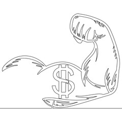 Continuous one single line drawing Muscular arm showing strength with dollar symbol representing financial power icon vector illustration concept