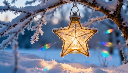 Twinkling stars glowing on a tree. Magical, festive atmosphere with warm light, perfect for holiday decoration, cozy winter scenes, and sparkling woodland imagery.
