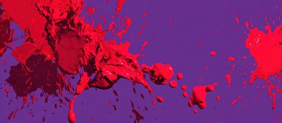 Splatters of bright red paint adorn a deep purple background. Abstract, bold, and striking visual