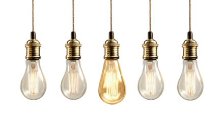 Five vintage lightbulbs hang against a stark black background, one bulb aglow