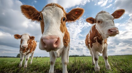 Three curious cows standing in a green field under a cloudy sky, looking directly at the camera.