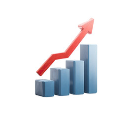 A 3D rendered graph featuring blue bars with a red ascending arrow