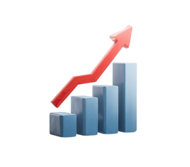 A 3D rendered graph featuring blue bars with a red ascending arrow