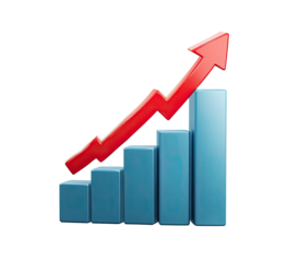 3D-rendered graph showing increasing blue bars, with a rising red arrow on a solid black background