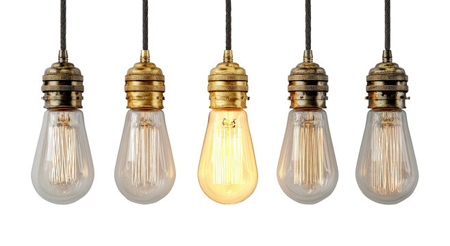 Close-up of five hanging vintage-style lightbulbs with different glow