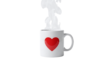 Steaming mug with red heart isolated on transparent background