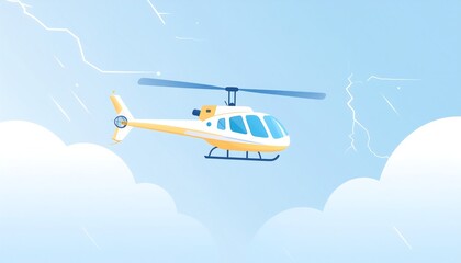 A yellow helicopter flies amid white clouds and light blue sky, hinting at stormy weather
