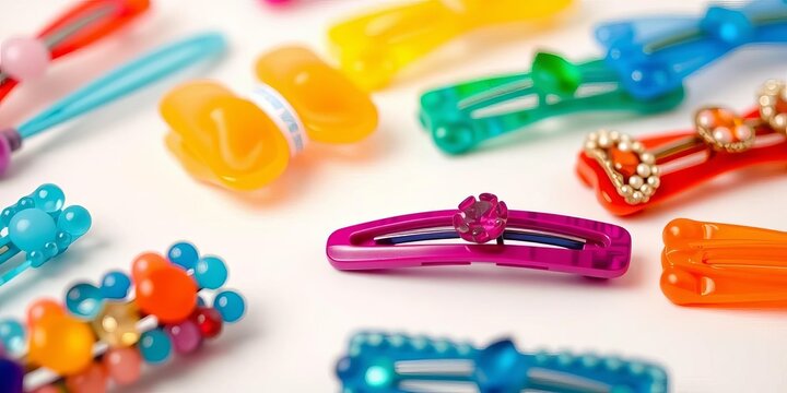 Close-up of colorful hair clips and barrettes on a white background, trendy, barrettes