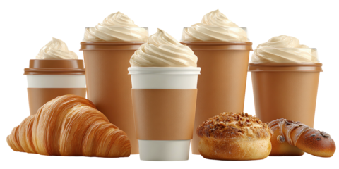 A still-life of various takeaway cups topped with whipped cream and assorted pastries