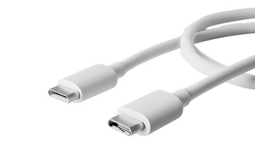 Close-up of a bright white USB-C cable with two connectors, isolated on black backdrop