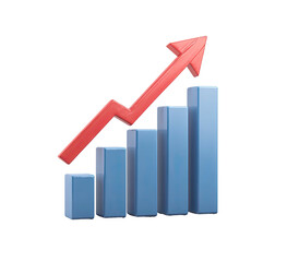 A 3D rendered graph featuring blue bars of increasing height with a red rising arrow superimposed