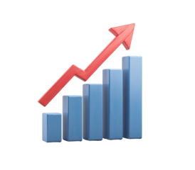 A 3D rendered graph featuring blue bars of increasing height with a red rising arrow superimposed