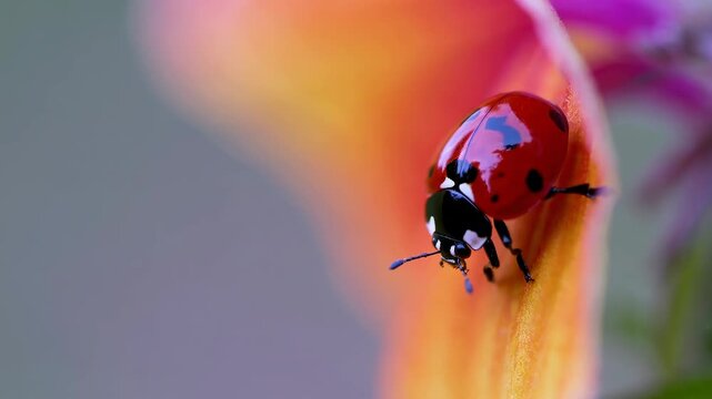 Ladybug climbs a flower petal in a garden setting during daytime hours