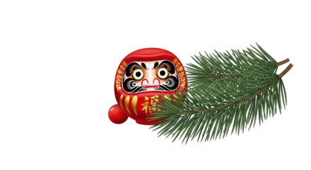 Red daruma ornament with pine branch isolated on transparent background