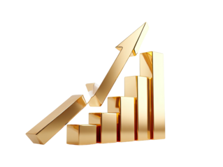 Golden, 3D bar graph indicating growth with an upward-pointing arrow on a black background
