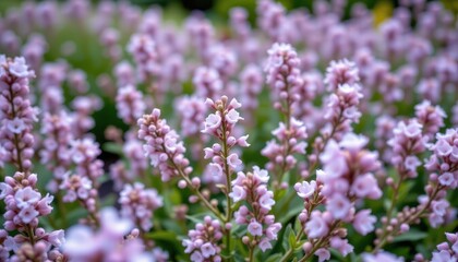 Fototapeta premium Delicate Pink Flowers Blooming in a Lush Garden Landscape Under Soft Natural Light