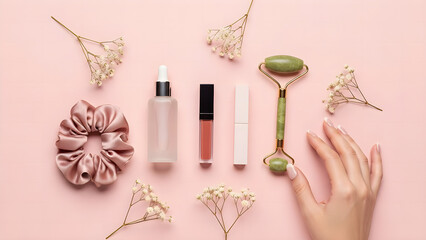 Hand holding jade roller near beauty products and flowers on pink background