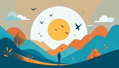 A stylized landscape with orange mountains, blue valleys, birds flying, and a solitary figure walking
