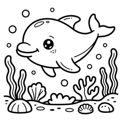 Obraz premium Cute Cartoon Dolphin Underwater Coloring Page for Kids