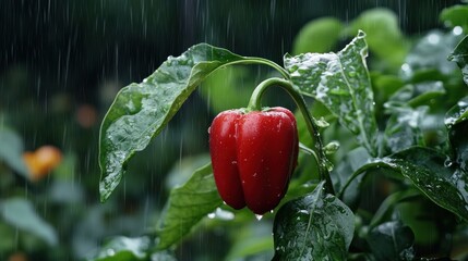 Close-up of vibrant red bell pepper on a plant in a garden, covered in fresh water droplets during a gentle rain shower.